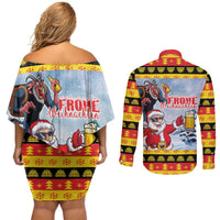 Deutschland Frohe Weihnachten Couples Matching Off Shoulder Short Dress and Long Sleeve Button Shirt Funny Der Weihnachtsmann and Krampus Drink Beer Together - Wonder Print Shop