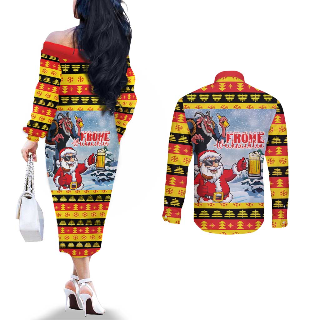 Deutschland Frohe Weihnachten Couples Matching Off The Shoulder Long Sleeve Dress and Long Sleeve Button Shirt Funny Santa Claus and Krampus Drink Beer Together