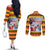 Deutschland Frohe Weihnachten Couples Matching Off The Shoulder Long Sleeve Dress and Long Sleeve Button Shirt Funny Santa Claus and Krampus Drink Beer Together