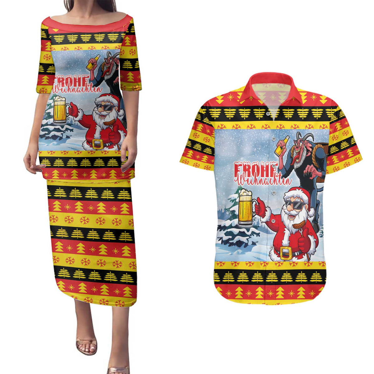 Deutschland Frohe Weihnachten Couples Matching Puletasi and Hawaiian Shirt Funny Der Weihnachtsmann and Krampus Drink Beer Together - Wonder Print Shop