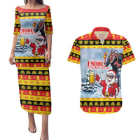 Deutschland Frohe Weihnachten Couples Matching Puletasi and Hawaiian Shirt Funny Der Weihnachtsmann and Krampus Drink Beer Together - Wonder Print Shop