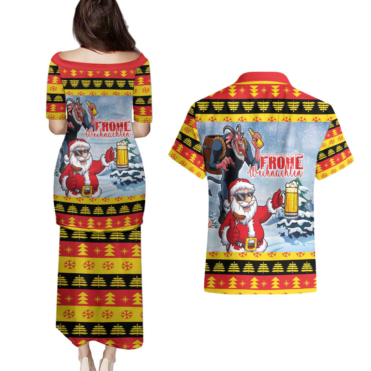 Deutschland Frohe Weihnachten Couples Matching Puletasi and Hawaiian Shirt Funny Der Weihnachtsmann and Krampus Drink Beer Together - Wonder Print Shop