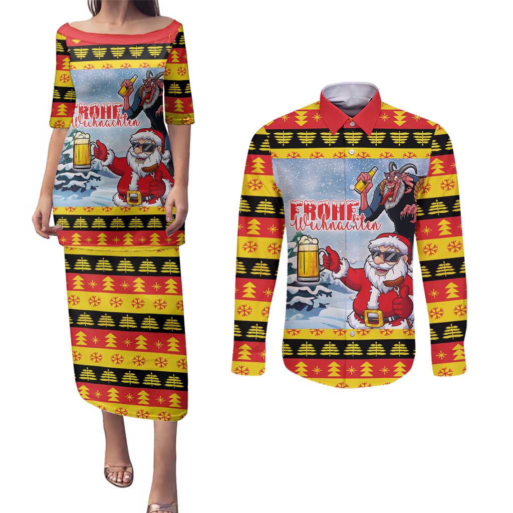 Deutschland Frohe Weihnachten Couples Matching Puletasi and Long Sleeve Button Shirt Funny Der Weihnachtsmann and Krampus Drink Beer Together - Wonder Print Shop