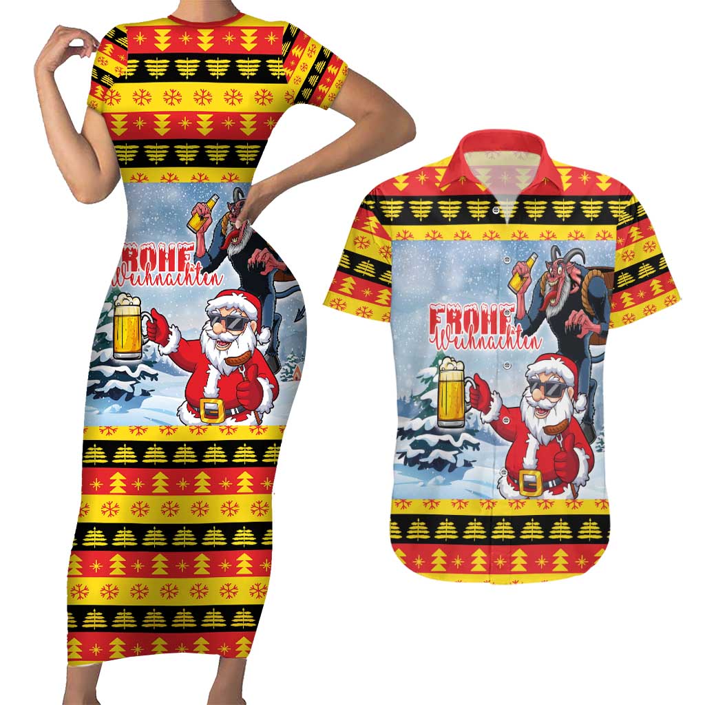 Deutschland Frohe Weihnachten Couples Matching Short Sleeve Bodycon Dress and Hawaiian Shirt Funny Der Weihnachtsmann and Krampus Drink Beer Together - Wonder Print Shop