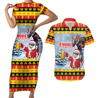 Deutschland Frohe Weihnachten Couples Matching Short Sleeve Bodycon Dress and Hawaiian Shirt Funny Der Weihnachtsmann and Krampus Drink Beer Together - Wonder Print Shop
