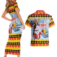 Deutschland Frohe Weihnachten Couples Matching Short Sleeve Bodycon Dress and Hawaiian Shirt Funny Der Weihnachtsmann and Krampus Drink Beer Together - Wonder Print Shop