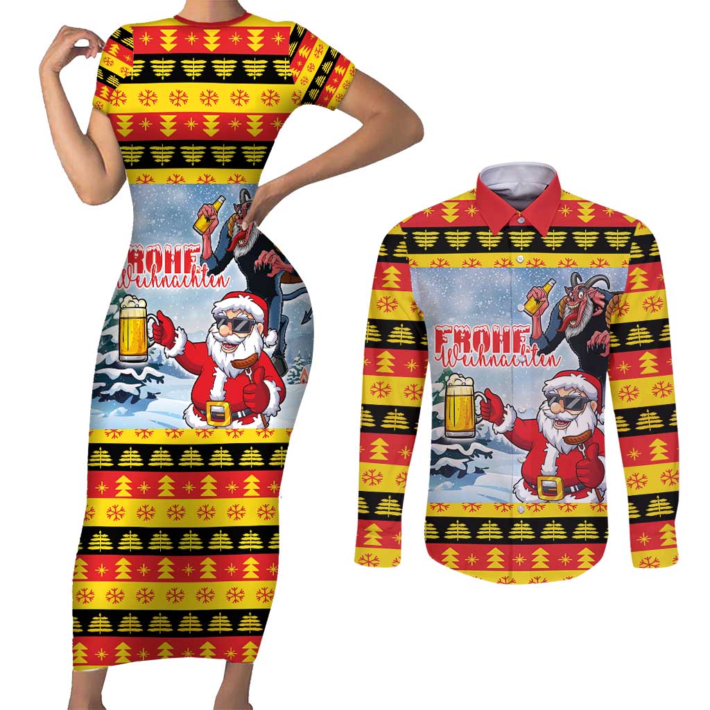 Deutschland Frohe Weihnachten Couples Matching Short Sleeve Bodycon Dress and Long Sleeve Button Shirt Funny Der Weihnachtsmann and Krampus Drink Beer Together - Wonder Print Shop