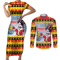 Deutschland Frohe Weihnachten Couples Matching Short Sleeve Bodycon Dress and Long Sleeve Button Shirt Funny Der Weihnachtsmann and Krampus Drink Beer Together - Wonder Print Shop