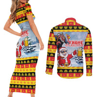 Deutschland Frohe Weihnachten Couples Matching Short Sleeve Bodycon Dress and Long Sleeve Button Shirt Funny Der Weihnachtsmann and Krampus Drink Beer Together - Wonder Print Shop