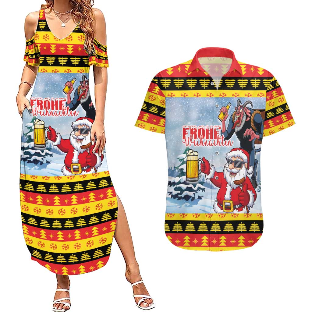 Deutschland Frohe Weihnachten Couples Matching Summer Maxi Dress and Hawaiian Shirt Funny Der Weihnachtsmann and Krampus Drink Beer Together - Wonder Print Shop