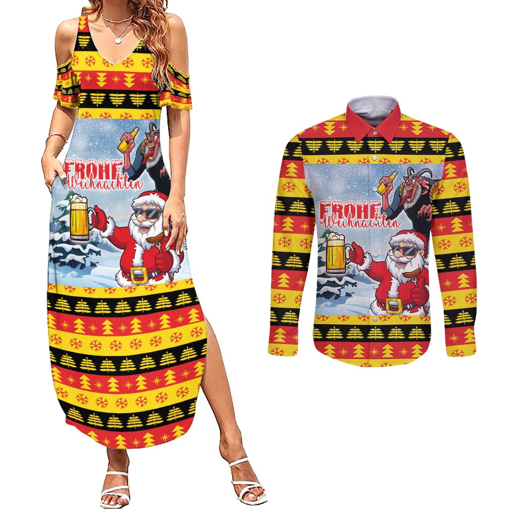 Deutschland Frohe Weihnachten Couples Matching Summer Maxi Dress and Long Sleeve Button Shirt Funny Der Weihnachtsmann and Krampus Drink Beer Together - Wonder Print Shop
