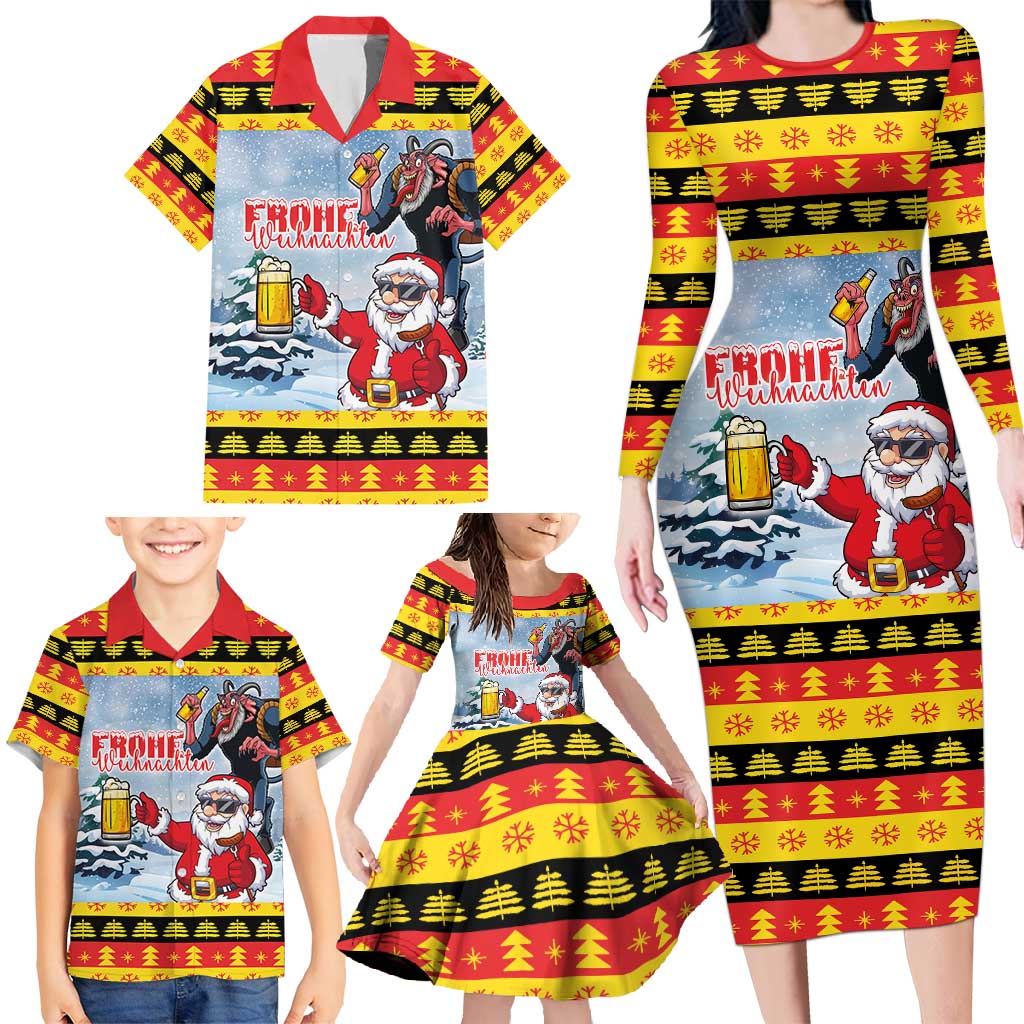 Deutschland Frohe Weihnachten Family Matching Long Sleeve Bodycon Dress and Hawaiian Shirt Funny Der Weihnachtsmann and Krampus Drink Beer Together - Wonder Print Shop
