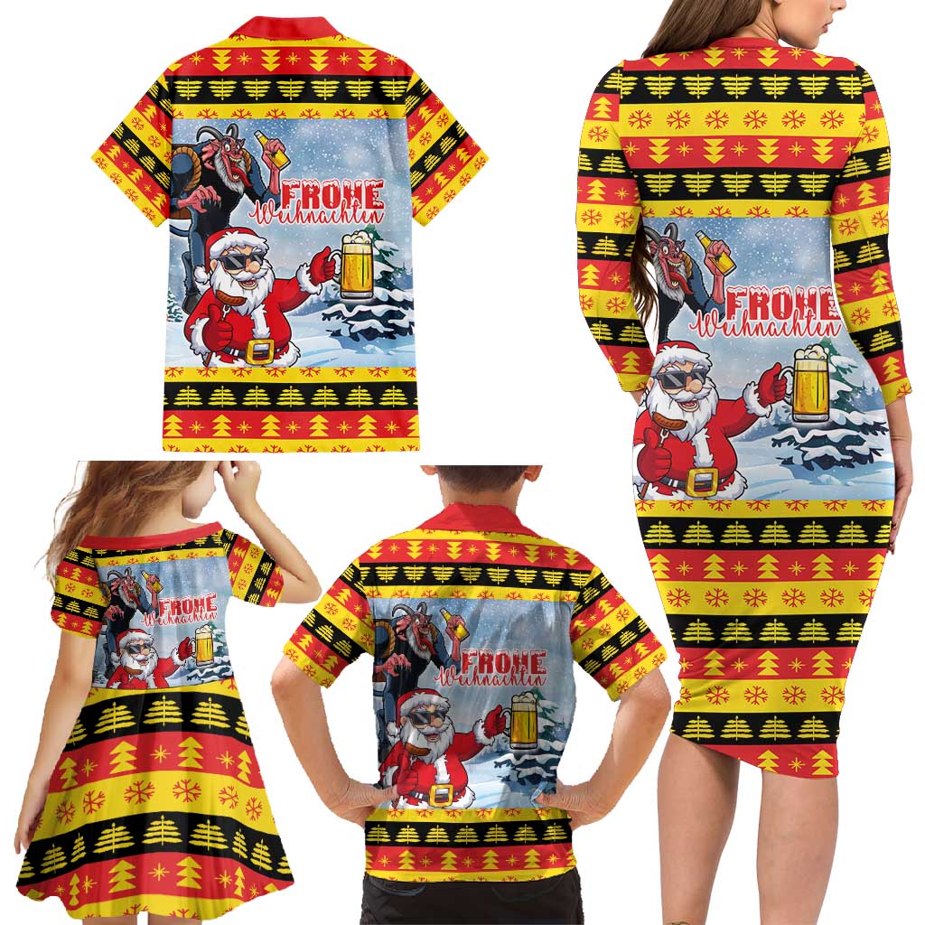 Deutschland Frohe Weihnachten Family Matching Long Sleeve Bodycon Dress and Hawaiian Shirt Funny Der Weihnachtsmann and Krampus Drink Beer Together - Wonder Print Shop