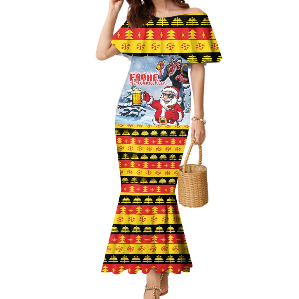 Deutschland Frohe Weihnachten Family Matching Mermaid Dress and Hawaiian Shirt Funny Der Weihnachtsmann and Krampus Drink Beer Together - Wonder Print Shop