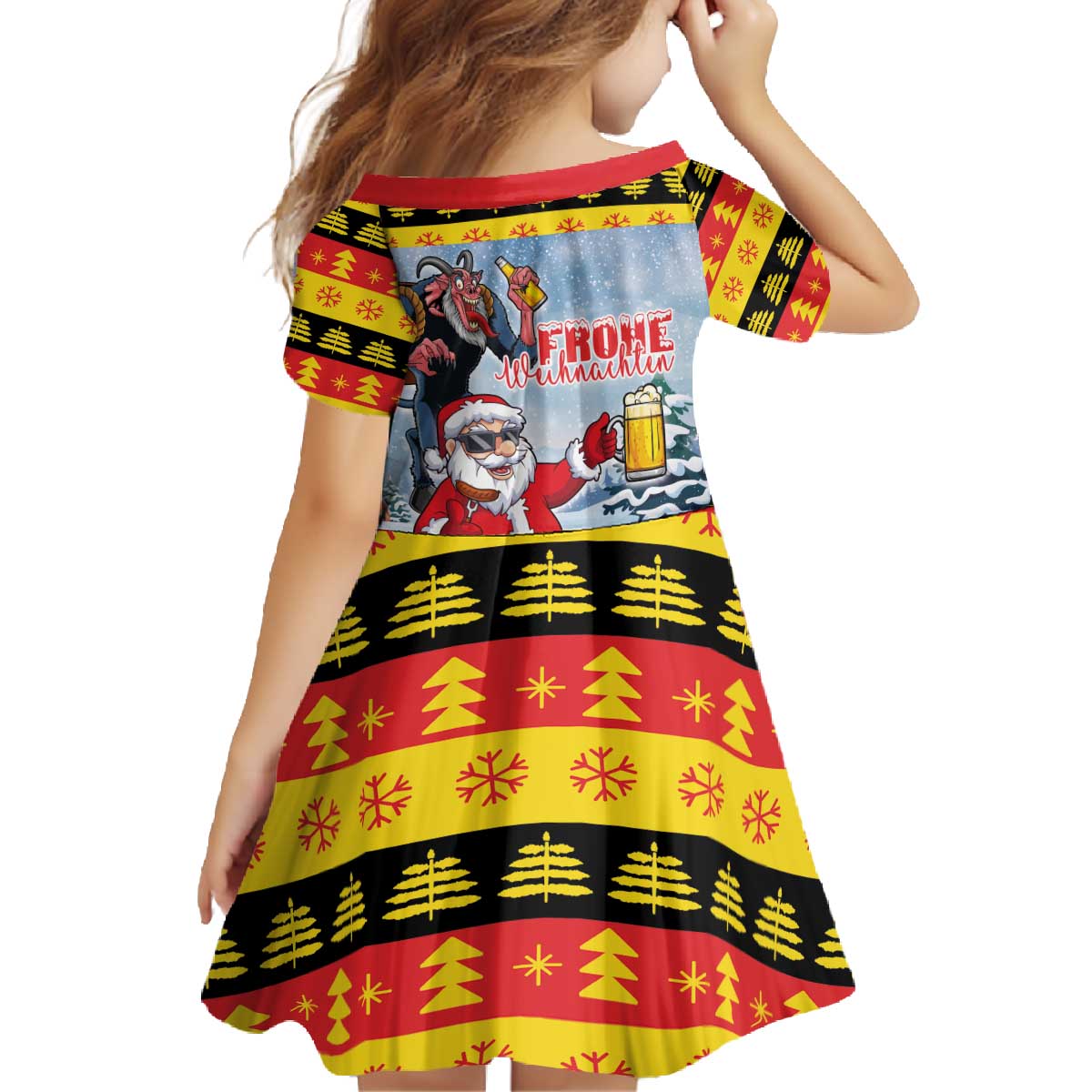 Deutschland Frohe Weihnachten Family Matching Off The Shoulder Long Sleeve Dress and Hawaiian Shirt Funny Der Weihnachtsmann and Krampus Drink Beer Together - Wonder Print Shop