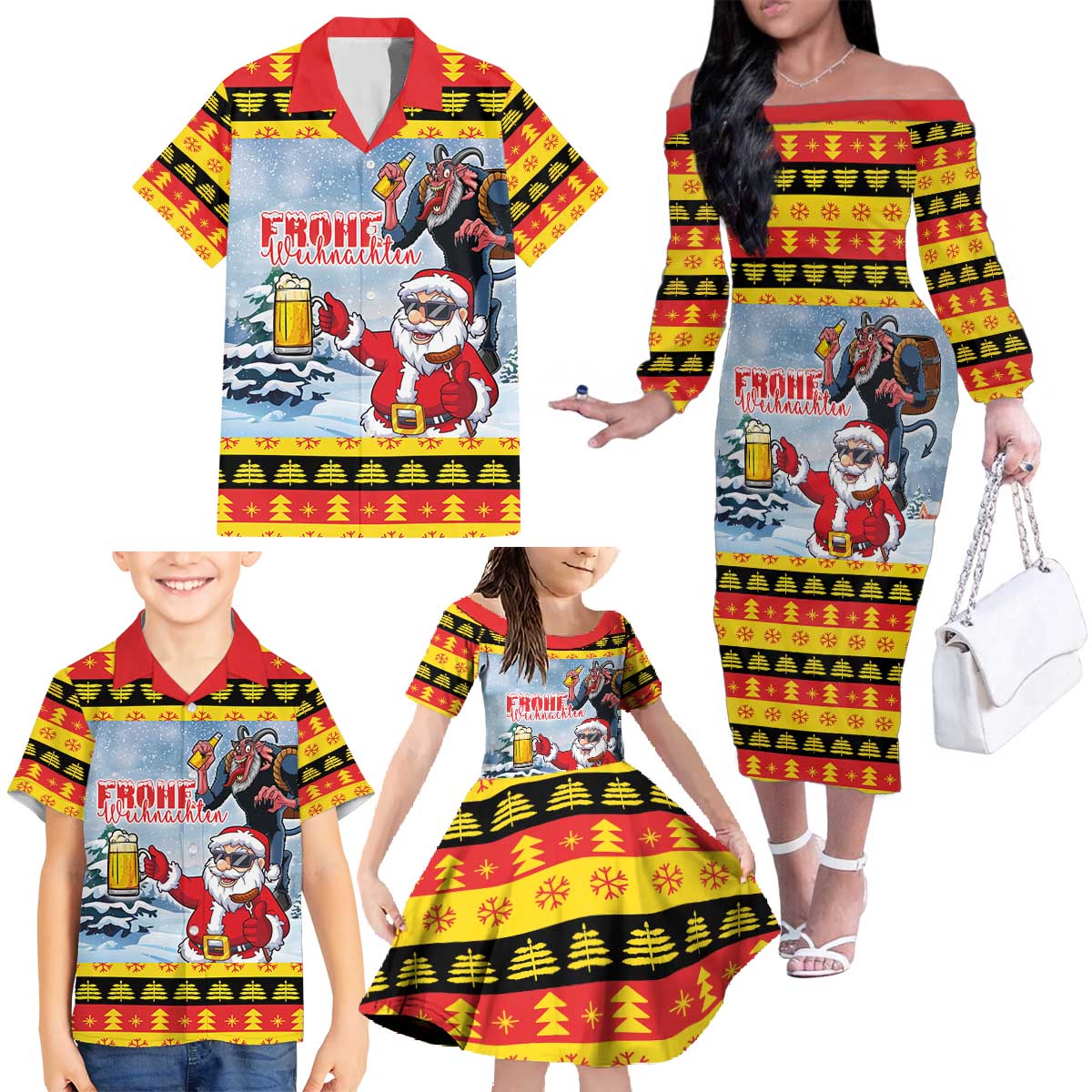 Deutschland Frohe Weihnachten Family Matching Off The Shoulder Long Sleeve Dress and Hawaiian Shirt Funny Der Weihnachtsmann and Krampus Drink Beer Together - Wonder Print Shop