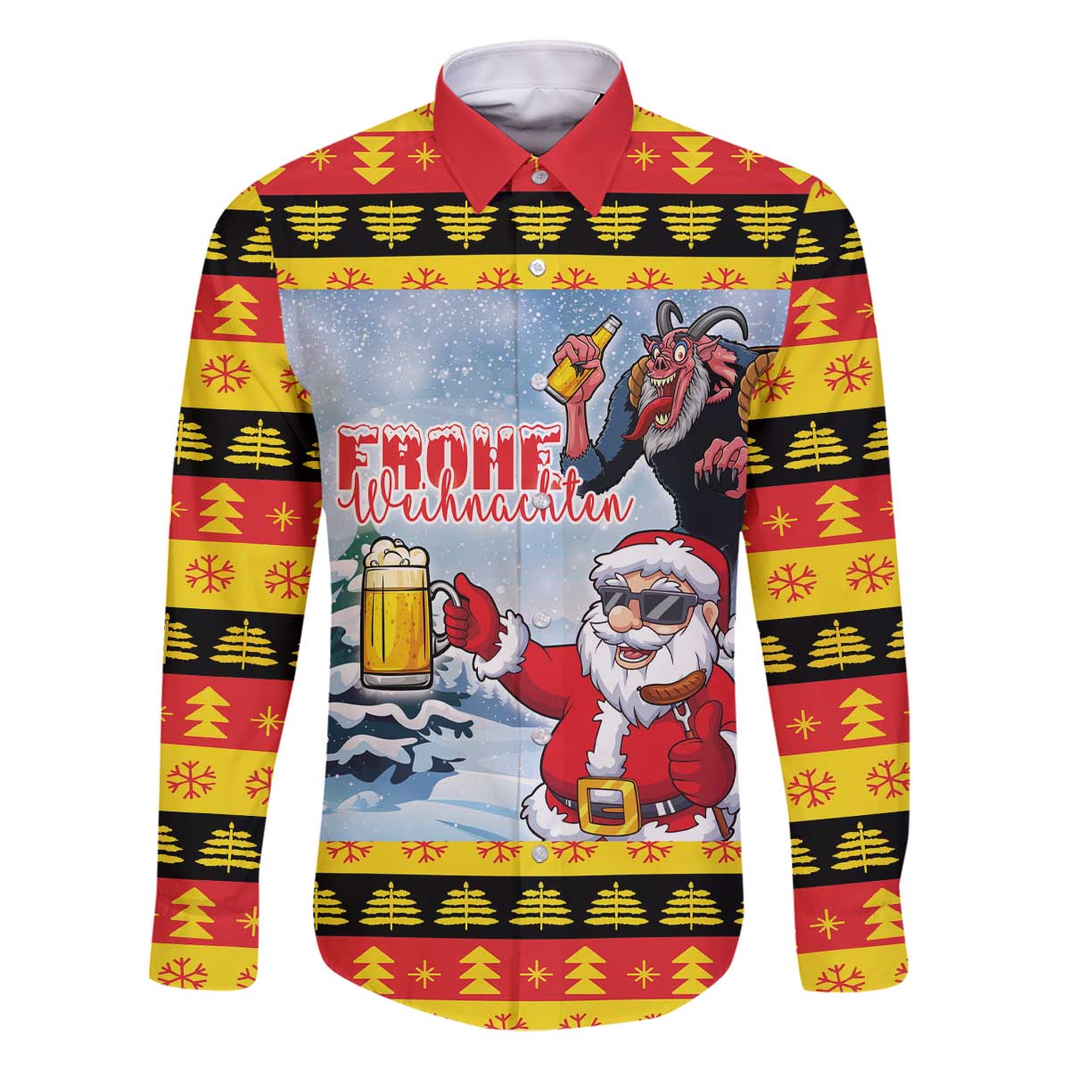 Deutschland Frohe Weihnachten Family Matching Off The Shoulder Long Sleeve Dress and Hawaiian Shirt Funny Der Weihnachtsmann and Krampus Drink Beer Together - Wonder Print Shop