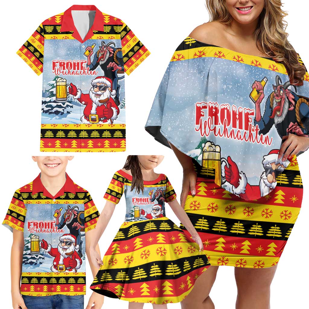 Deutschland Frohe Weihnachten Family Matching Off Shoulder Short Dress and Hawaiian Shirt Funny Der Weihnachtsmann and Krampus Drink Beer Together - Wonder Print Shop