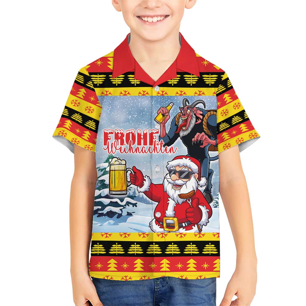 Deutschland Frohe Weihnachten Family Matching Off Shoulder Short Dress and Hawaiian Shirt Funny Der Weihnachtsmann and Krampus Drink Beer Together - Wonder Print Shop