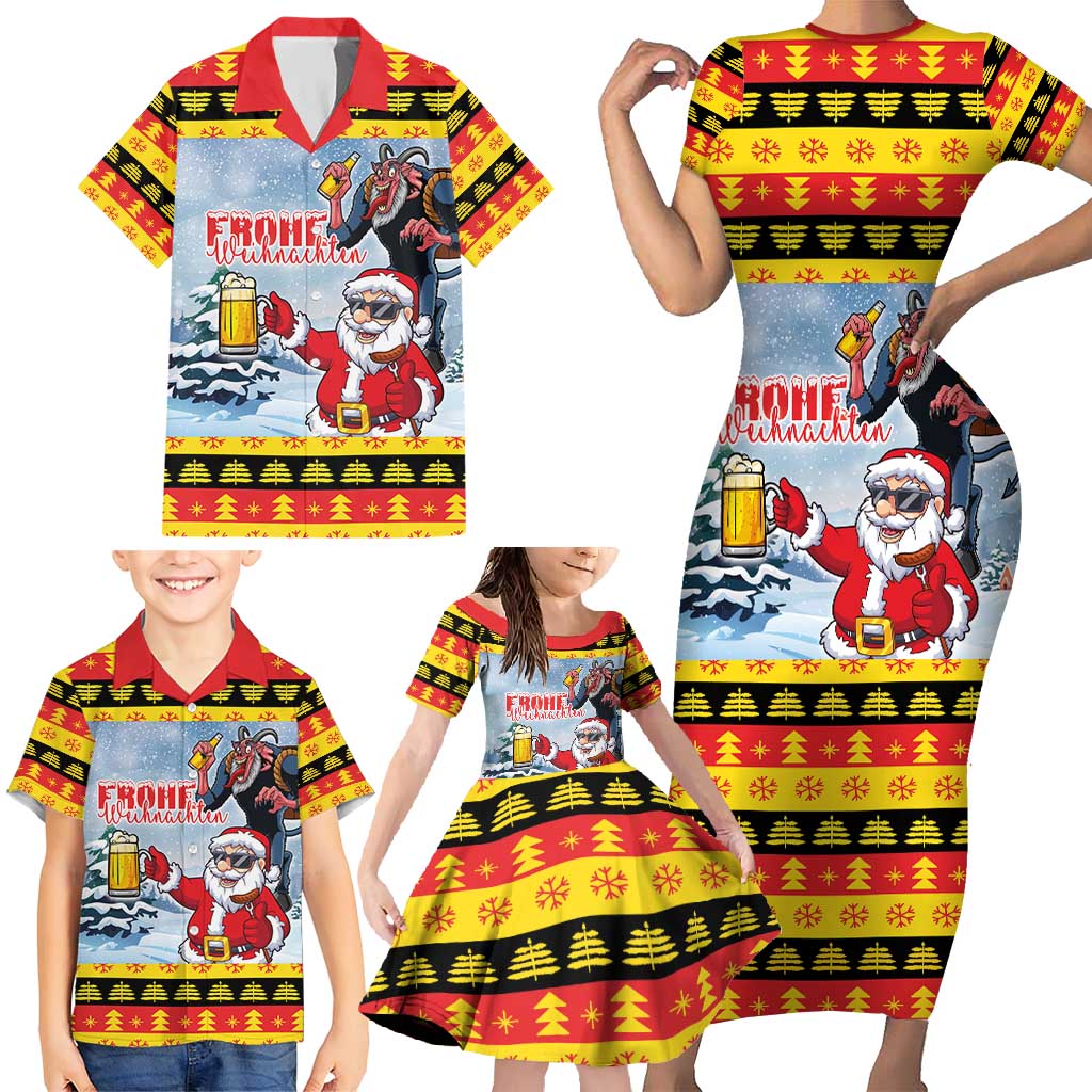 Deutschland Frohe Weihnachten Family Matching Short Sleeve Bodycon Dress and Hawaiian Shirt Funny Der Weihnachtsmann and Krampus Drink Beer Together - Wonder Print Shop