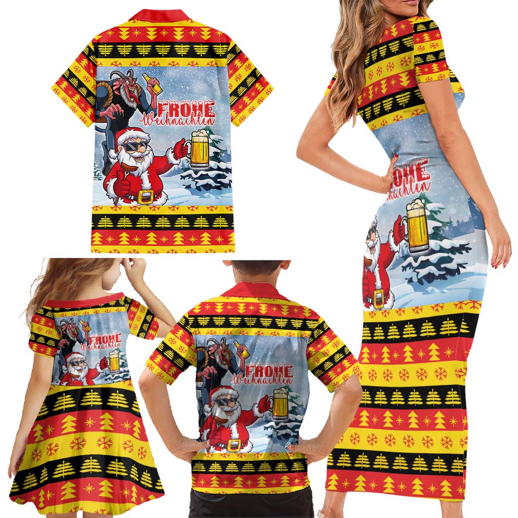 Deutschland Frohe Weihnachten Family Matching Short Sleeve Bodycon Dress and Hawaiian Shirt Funny Der Weihnachtsmann and Krampus Drink Beer Together - Wonder Print Shop