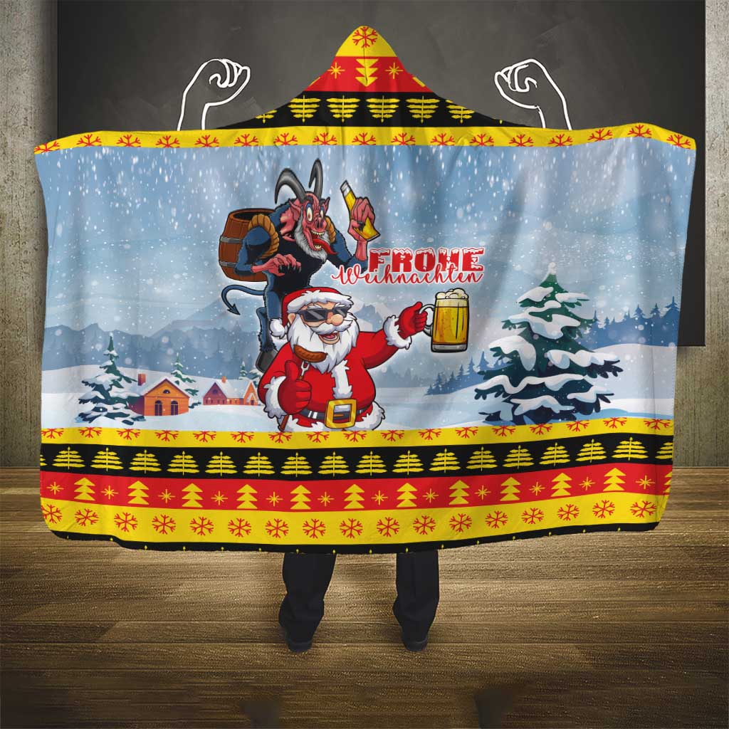 Deutschland Frohe Weihnachten Hooded Blanket Funny Santa Claus and Krampus Drink Beer Together