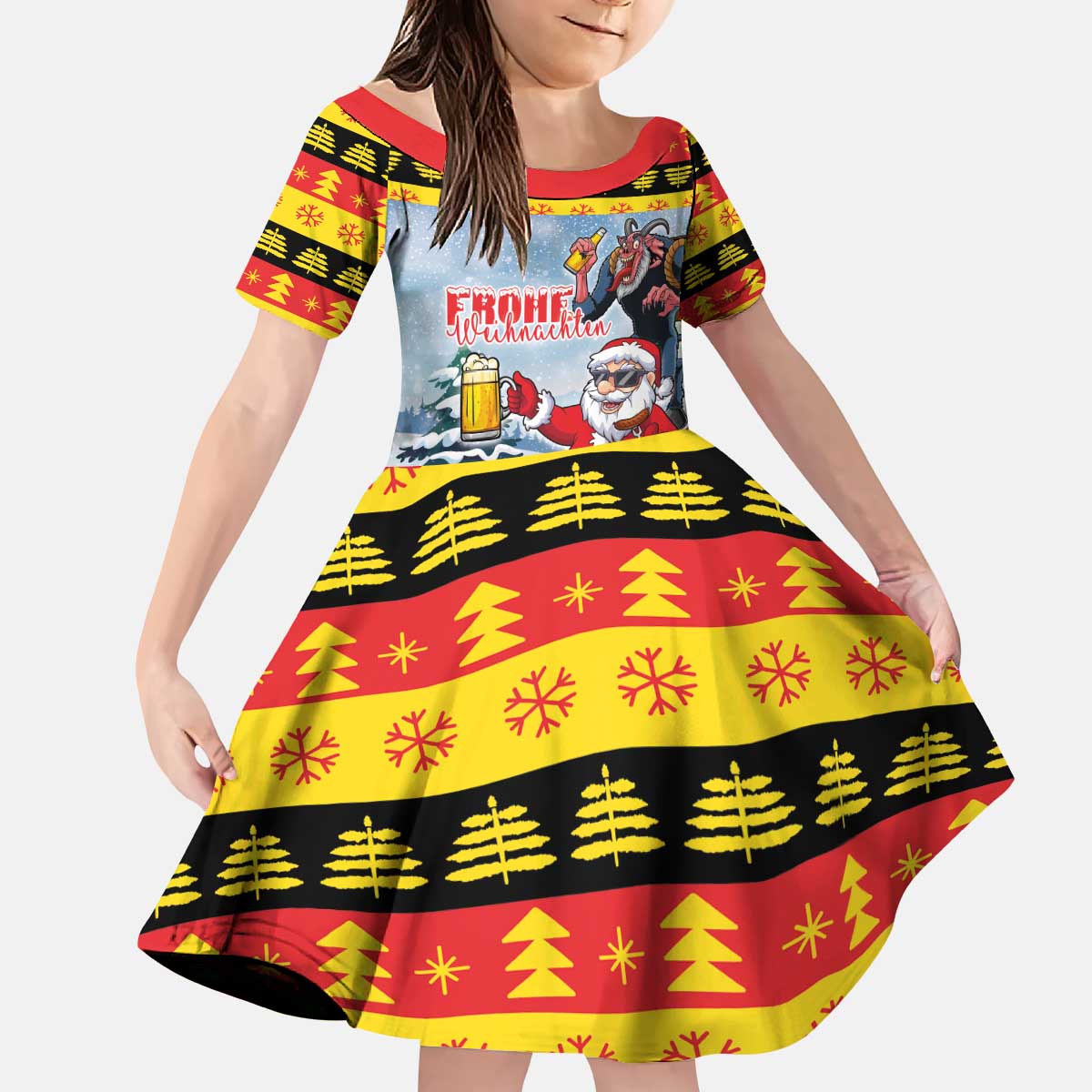 Deutschland Frohe Weihnachten Kid Short Sleeve Dress Funny Der Weihnachtsmann and Krampus Drink Beer Together - Wonder Print Shop