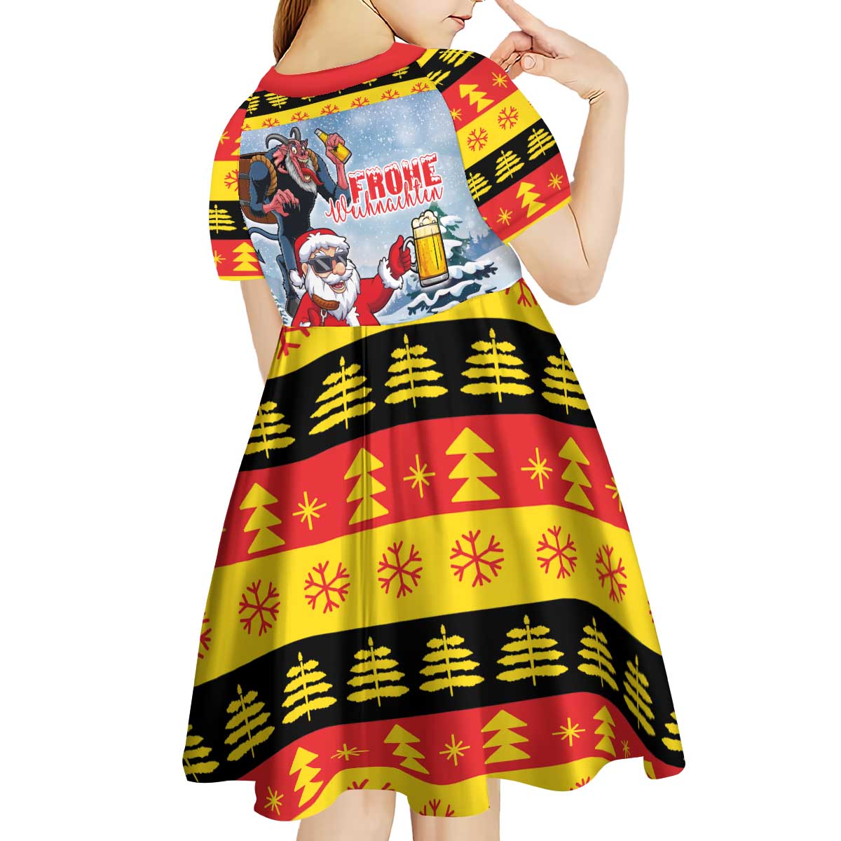 Deutschland Frohe Weihnachten Kid Short Sleeve Dress Funny Der Weihnachtsmann and Krampus Drink Beer Together - Wonder Print Shop