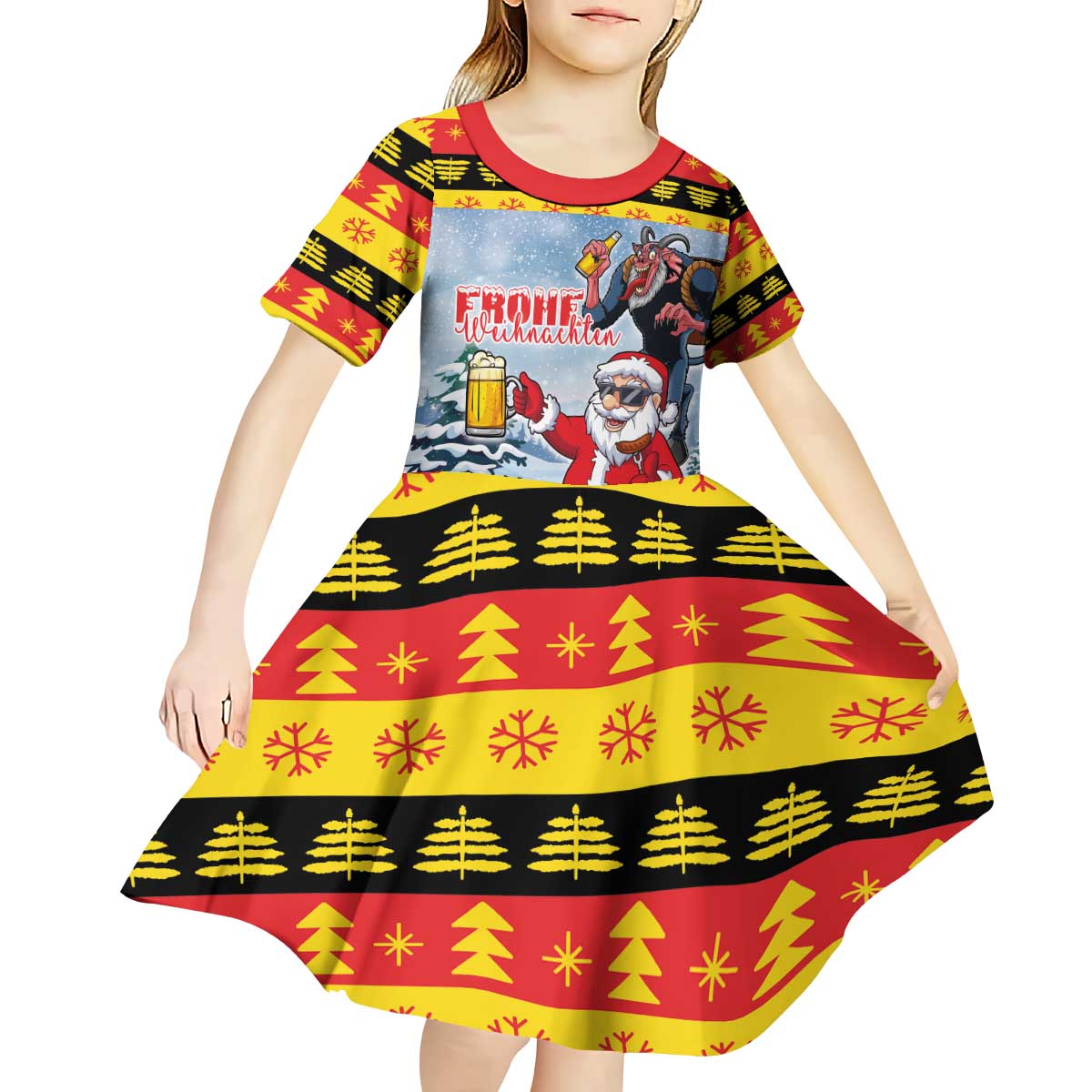 Deutschland Frohe Weihnachten Kid Short Sleeve Dress Funny Der Weihnachtsmann and Krampus Drink Beer Together - Wonder Print Shop