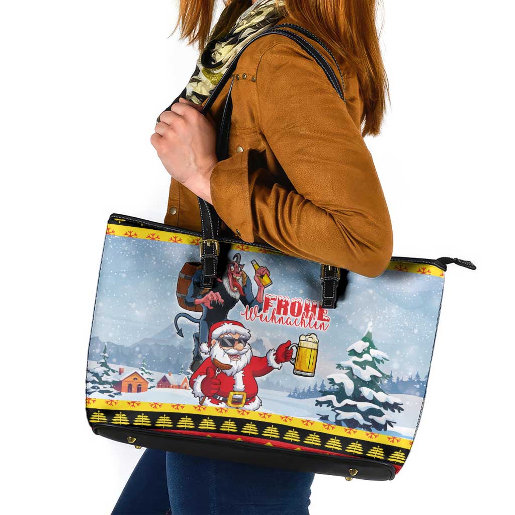 Deutschland Frohe Weihnachten Leather Tote Bag Funny Der Weihnachtsmann and Krampus Drink Beer Together - Wonder Print Shop