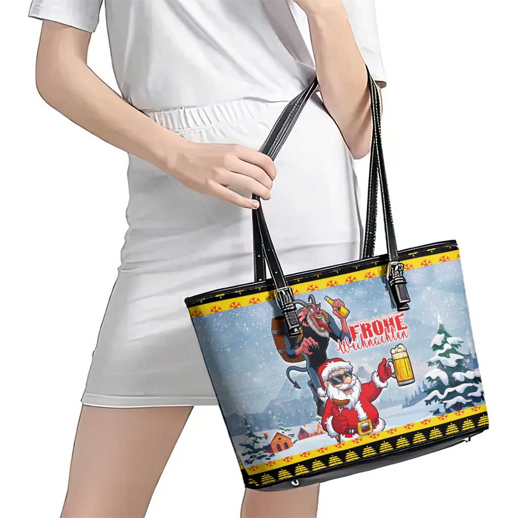 Deutschland Frohe Weihnachten Leather Tote Bag Funny Der Weihnachtsmann and Krampus Drink Beer Together - Wonder Print Shop