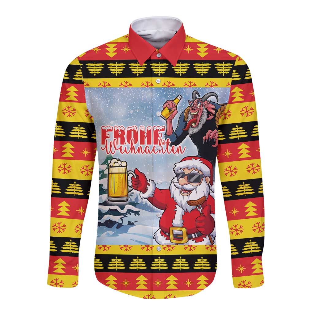 Deutschland Frohe Weihnachten Long Sleeve Button Shirt Funny Der Weihnachtsmann and Krampus Drink Beer Together - Wonder Print Shop