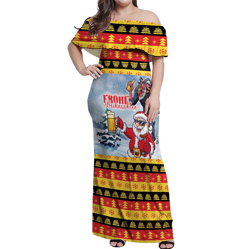 Deutschland Frohe Weihnachten Off Shoulder Maxi Dress Funny Der Weihnachtsmann and Krampus Drink Beer Together - Wonder Print Shop