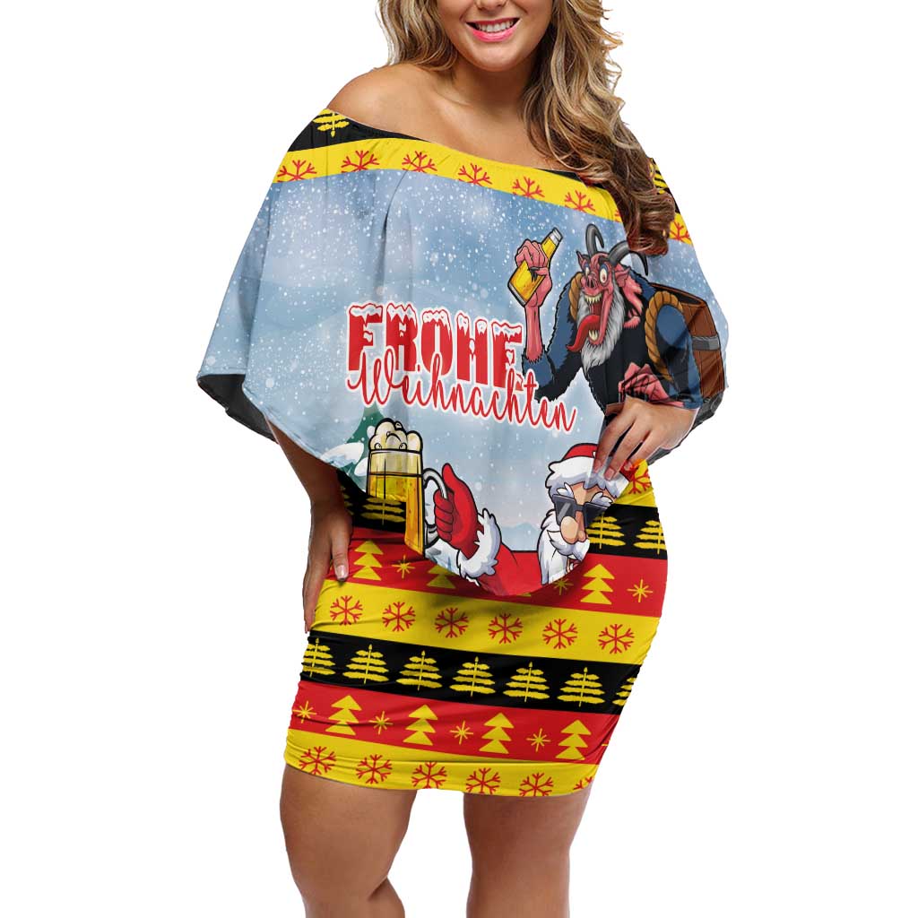 Deutschland Frohe Weihnachten Off Shoulder Short Dress Funny Der Weihnachtsmann and Krampus Drink Beer Together - Wonder Print Shop