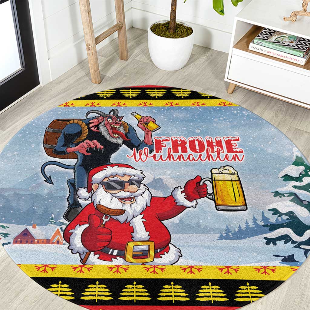 Deutschland Frohe Weihnachten Round Carpet Funny Santa Claus and Krampus Drink Beer Together