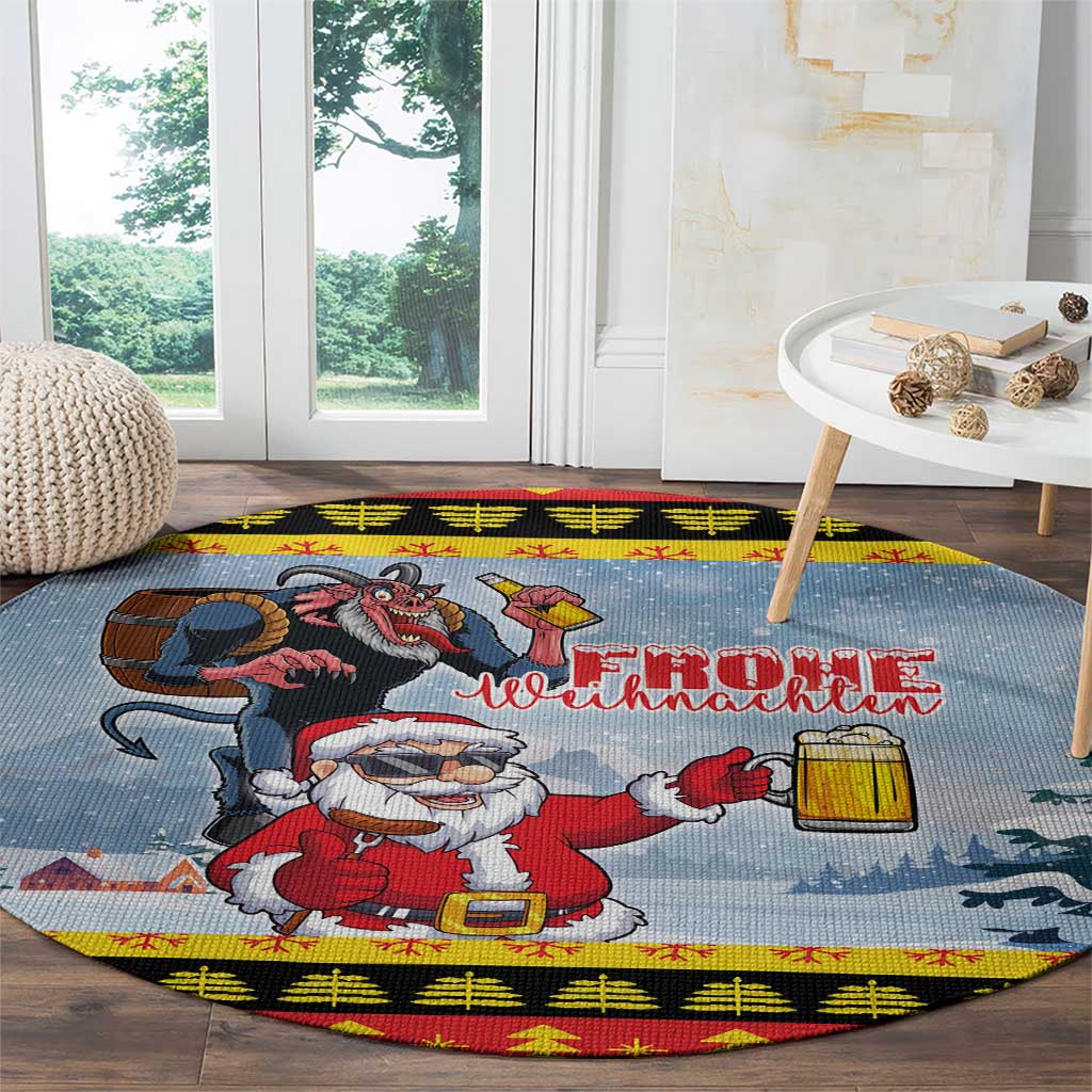 Deutschland Frohe Weihnachten Round Carpet Funny Santa Claus and Krampus Drink Beer Together