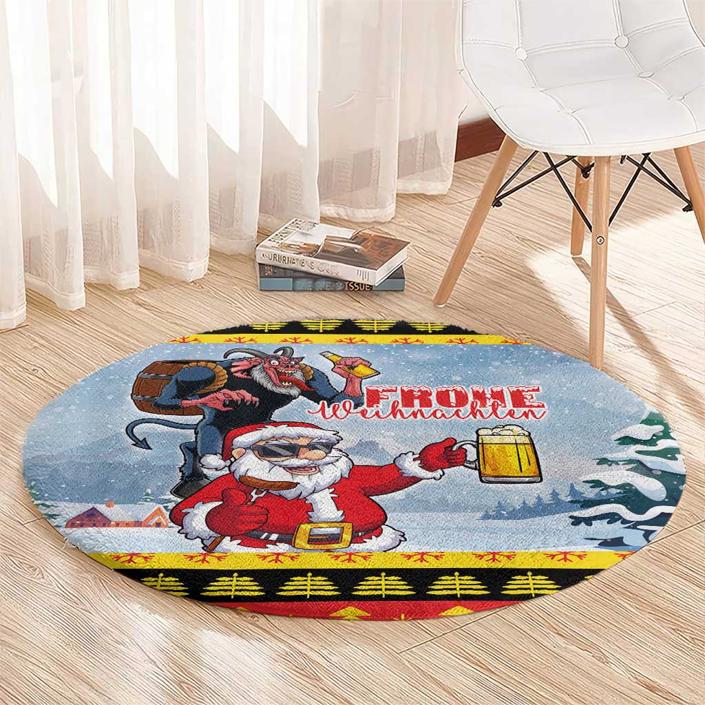 Deutschland Frohe Weihnachten Round Carpet Funny Santa Claus and Krampus Drink Beer Together