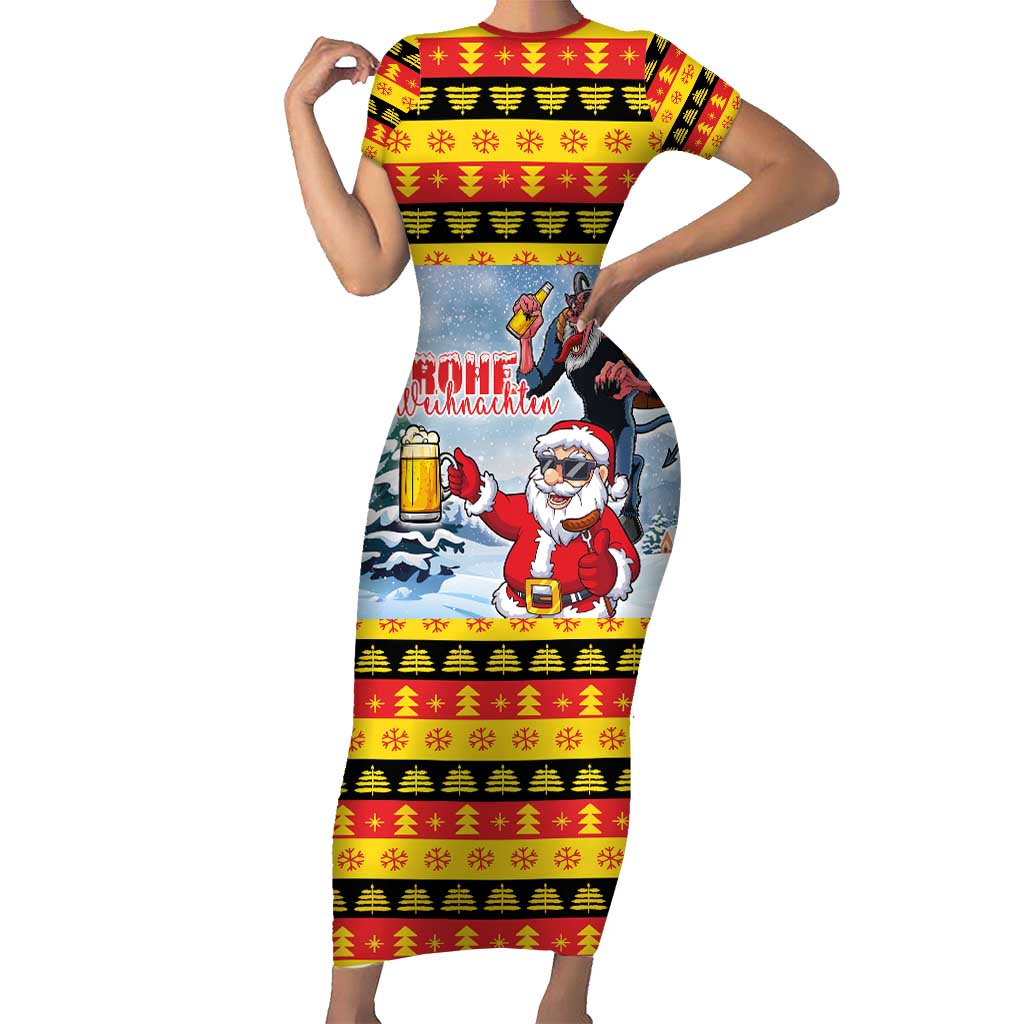 Deutschland Frohe Weihnachten Short Sleeve Bodycon Dress Funny Der Weihnachtsmann and Krampus Drink Beer Together - Wonder Print Shop