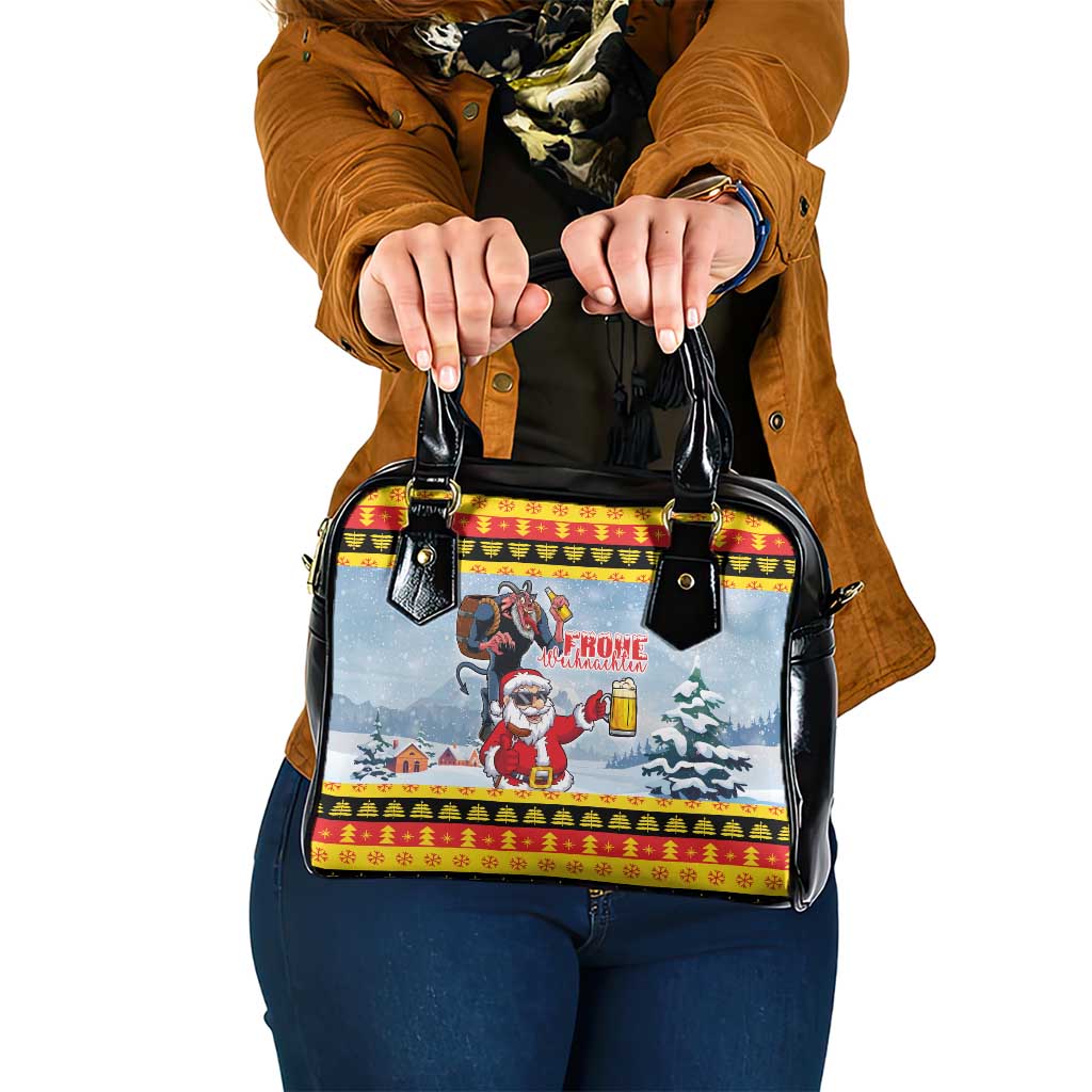 Deutschland Frohe Weihnachten Shoulder Handbag Funny Santa Claus and Krampus Drink Beer Together