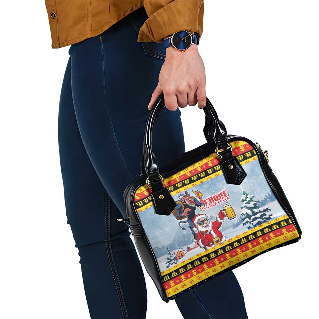 Deutschland Frohe Weihnachten Shoulder Handbag Funny Santa Claus and Krampus Drink Beer Together