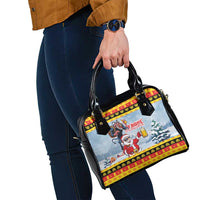 Deutschland Frohe Weihnachten Shoulder Handbag Funny Santa Claus and Krampus Drink Beer Together