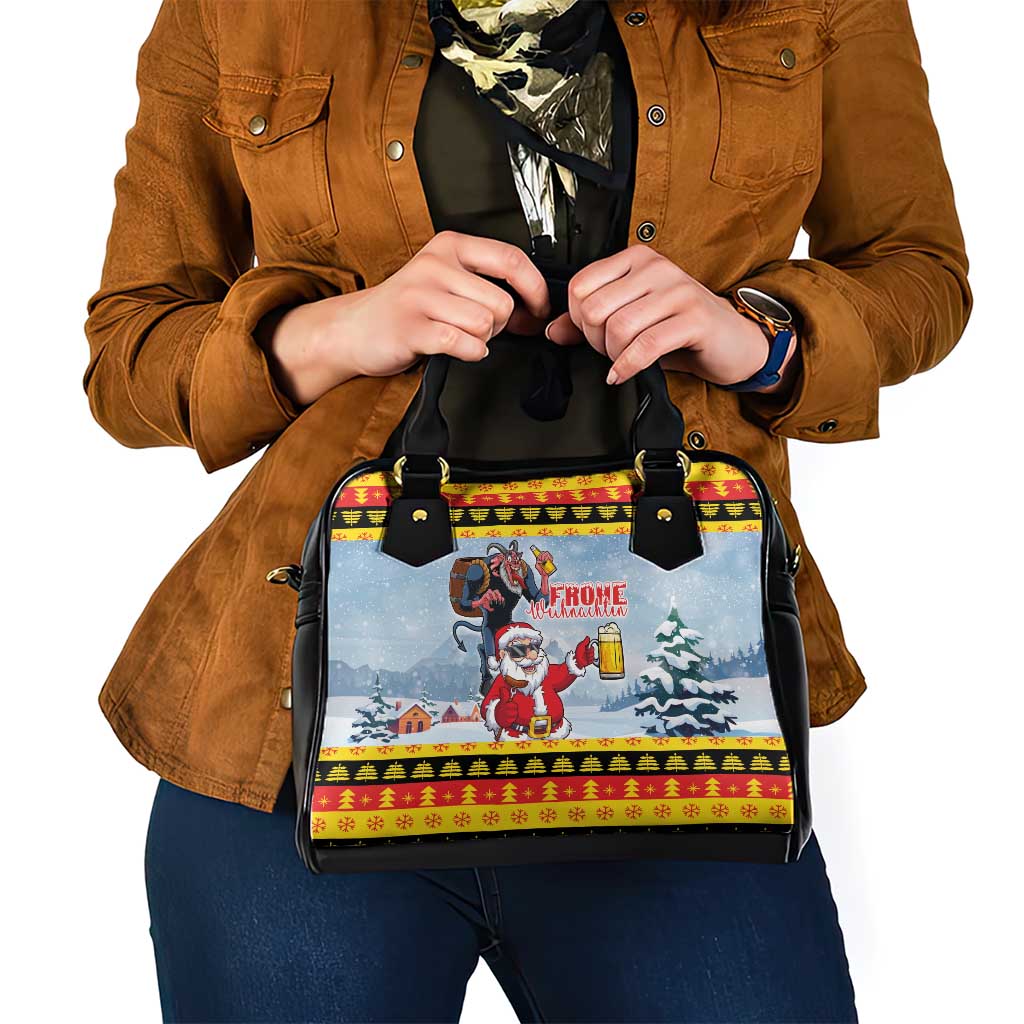 Deutschland Frohe Weihnachten Shoulder Handbag Funny Santa Claus and Krampus Drink Beer Together