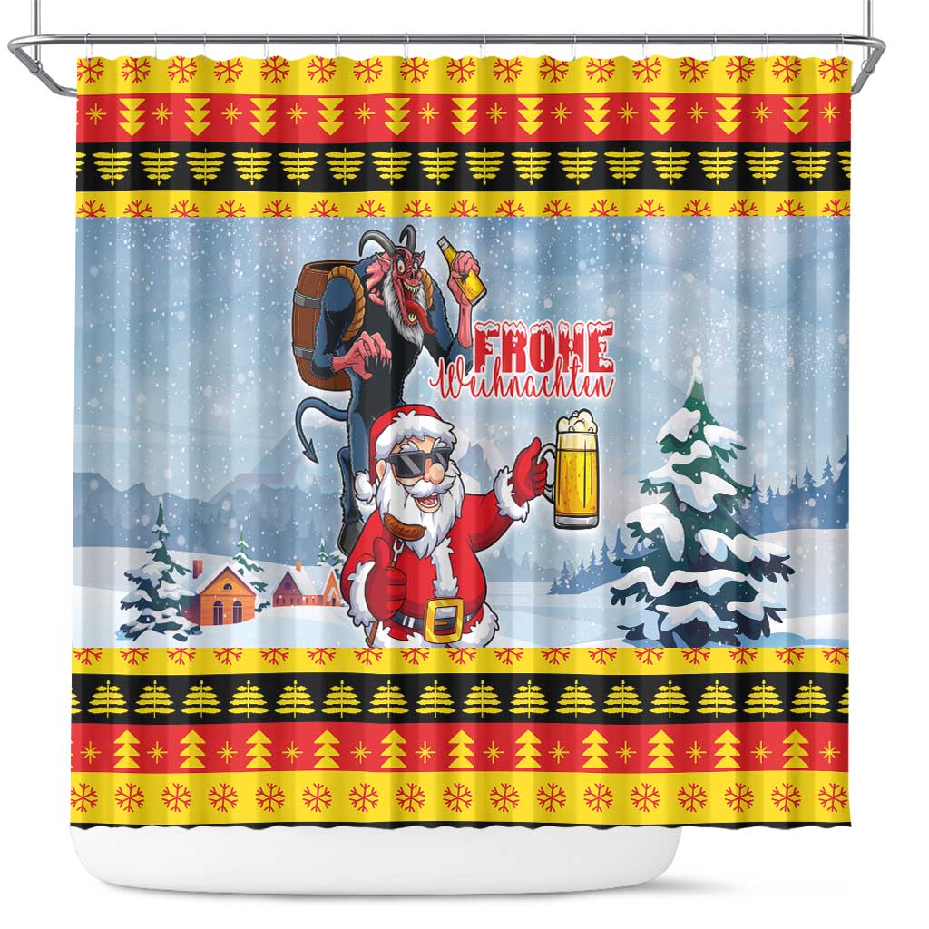 Deutschland Frohe Weihnachten Shower Curtain Funny Santa Claus and Krampus Drink Beer Together