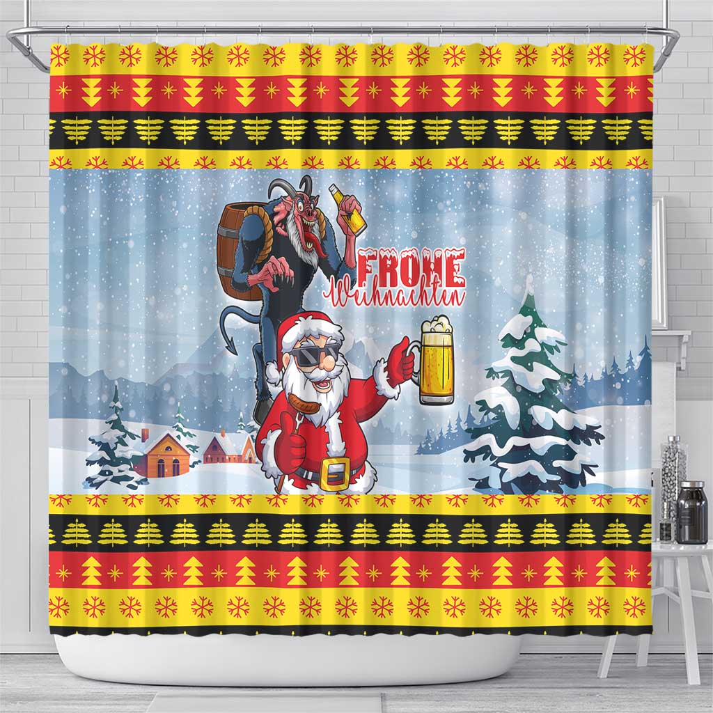 Deutschland Frohe Weihnachten Shower Curtain Funny Santa Claus and Krampus Drink Beer Together