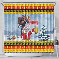 Deutschland Frohe Weihnachten Shower Curtain Funny Santa Claus and Krampus Drink Beer Together