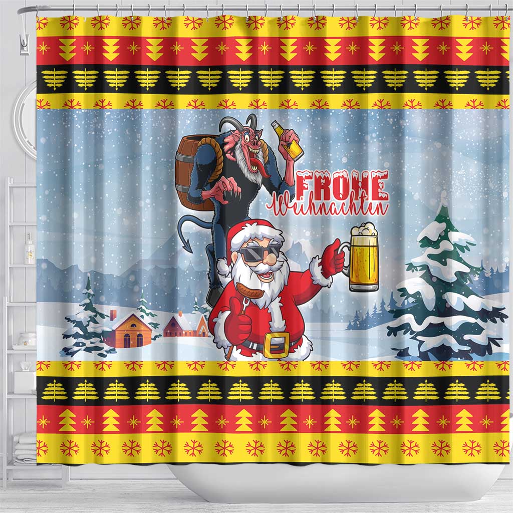 Deutschland Frohe Weihnachten Shower Curtain Funny Santa Claus and Krampus Drink Beer Together
