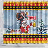 Deutschland Frohe Weihnachten Shower Curtain Funny Santa Claus and Krampus Drink Beer Together