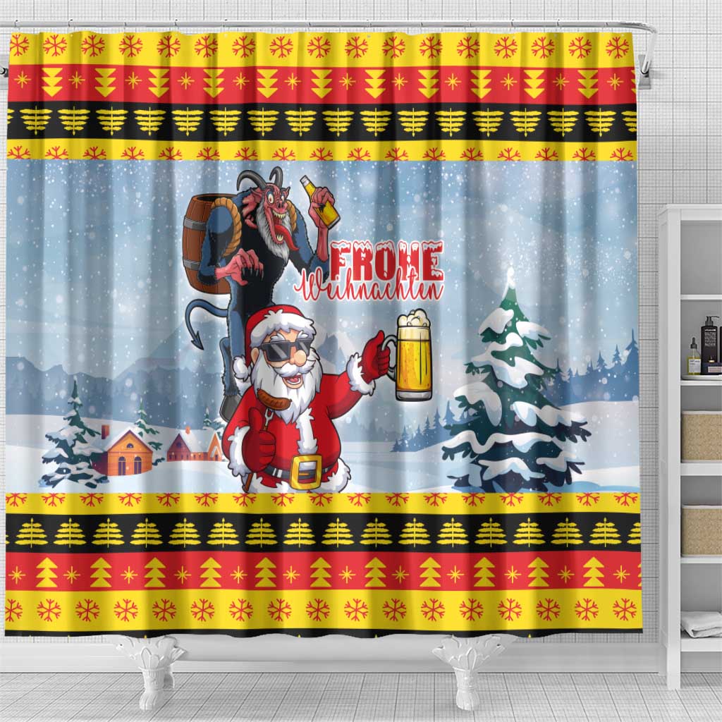 Deutschland Frohe Weihnachten Shower Curtain Funny Santa Claus and Krampus Drink Beer Together