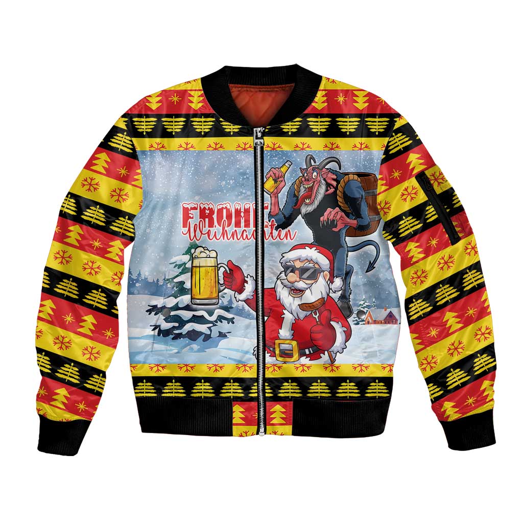 Deutschland Frohe Weihnachten Sleeve Zip Bomber Jacket Funny Der Weihnachtsmann and Krampus Drink Beer Together - Wonder Print Shop