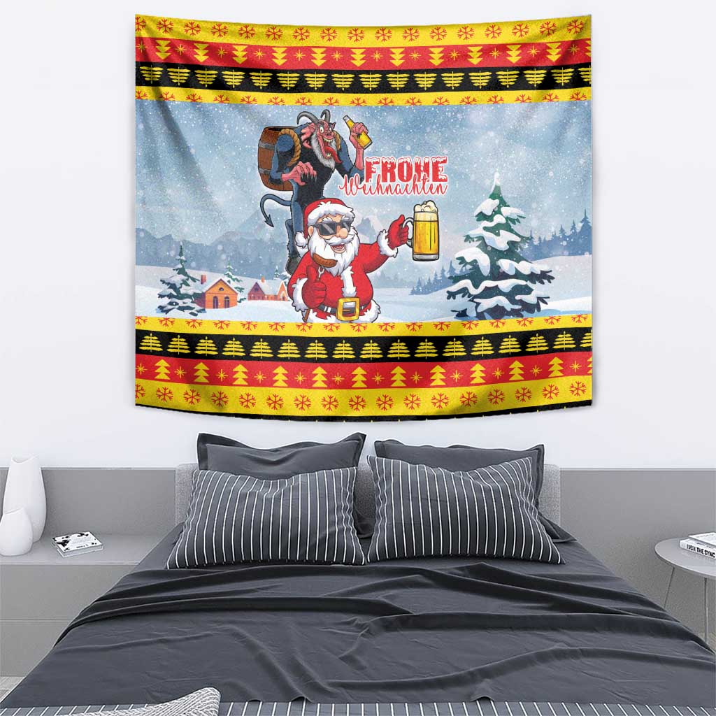 Deutschland Frohe Weihnachten Tapestry Funny Der Weihnachtsmann and Krampus Drink Beer Together - Wonder Print Shop